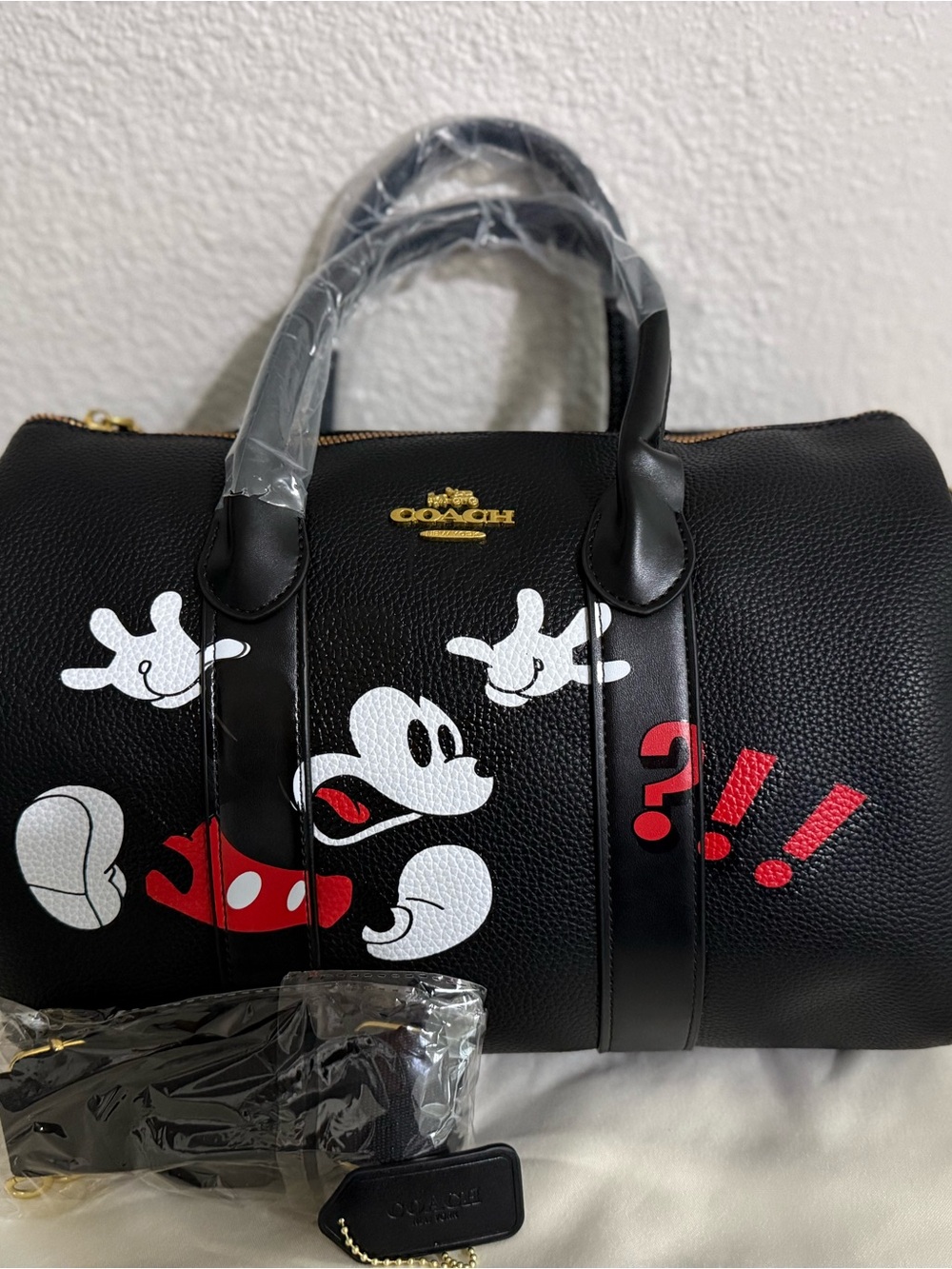 Coach Black Leather Duffel with Mickey Graphic